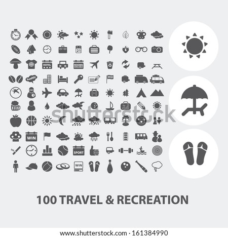 100 Travel, Tourism, Vacation Icons Set, Vector