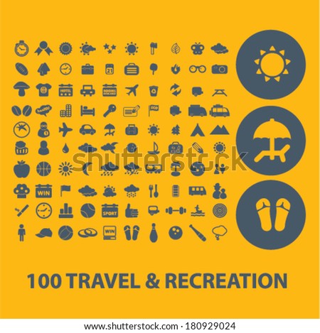100 travel, recreation, vacation icons, buttons, symbols isolated set, vector on background