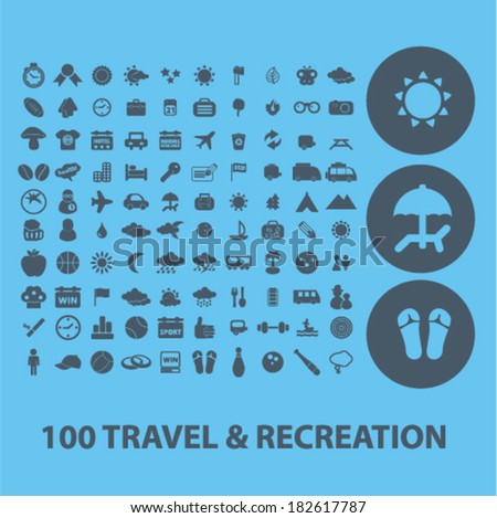 100 travel, recreation, vacation, summer beach icons, signs set, vector