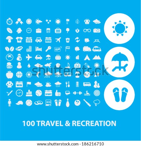 100 travel, recreation, vacation, summer icons set, vector