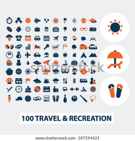 100 travel, recreation, vacation icons, signs, elements set, vector
