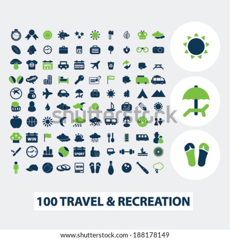 100 travel, vacation, recreation icons set, vector