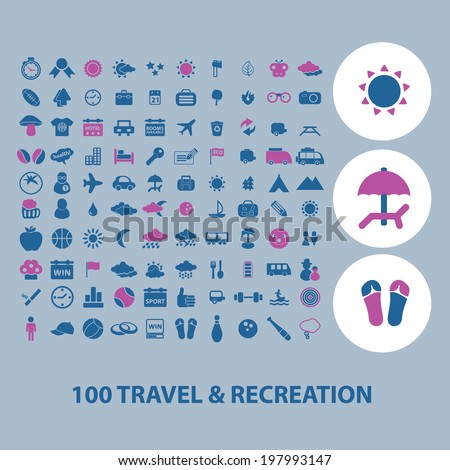 100 travel, vacation, recreation icons set, vector