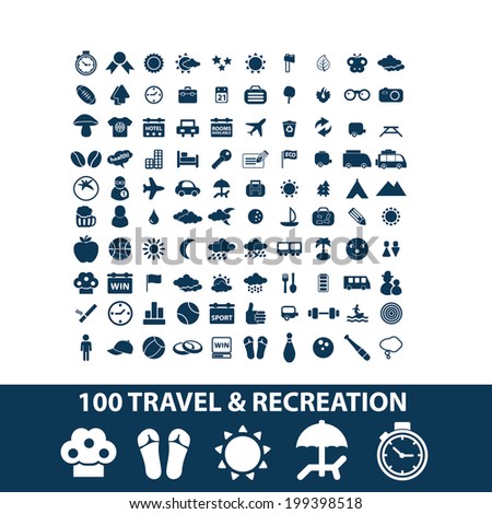 100 travel, recreation, vacation, summer, beach icons, signs set, vector