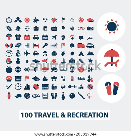 100 travel, vacation, summer icons, signs, symbols, vector set