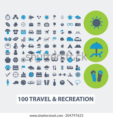 100 travel, vacation, recreation vector set of colorful flat icons, signs, design elements for mobile and web applications.