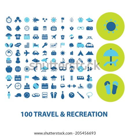 100 travel, recreation, vacation icons, signs, symbols set, vector