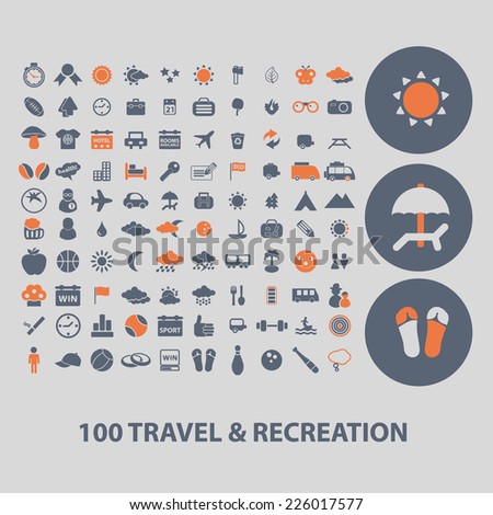100 travel, recreation icons, signs, illustrations set, vector