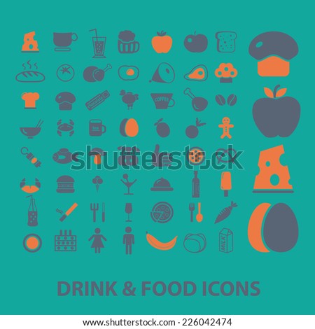drink, food, grocery, fruits, meat icons, signs, illustrations set, vector