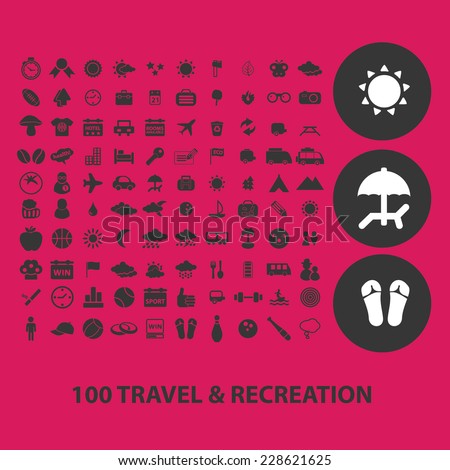 travel, recreation, tourism black isolated icons, signs, symbols, illustrations set, vector