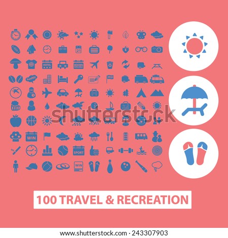100 travel, tourism, vacation, recreation icons, signs, symbols, illustrations set on background, vector