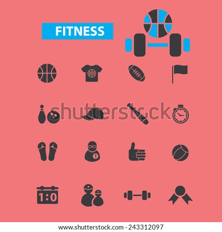 fitness, sport, gym bodybuilding icons, signs, symbols, illustrations set on background, vector