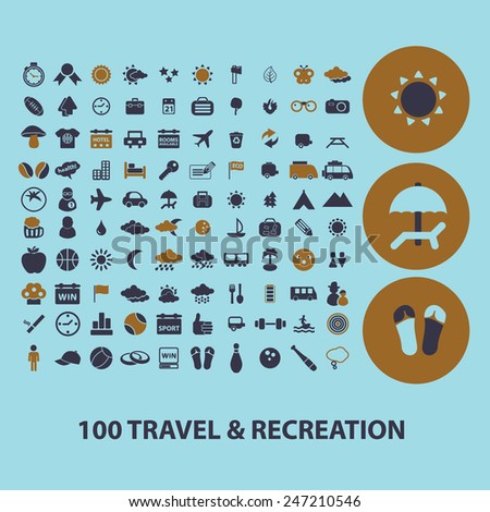 100 travel, recreation, tourism, vacation icons, signs, illustrations set, vector