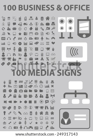 200 business, office, media, device, office, computer, gadget icons, signs, illustrations set, vector
