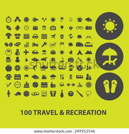 100 travel, recreation, vacation, tourism icons, signs, illustrations on background set, vector