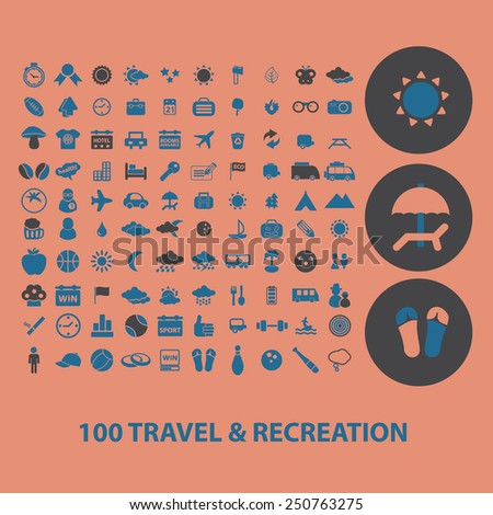 100 travel, recreation, tourism icons, signs, illustrations set, vector