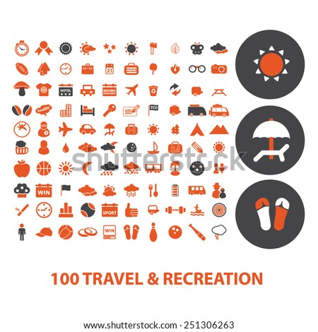 100 travel, beach, recreation, vacation isolated design flat icons, signs, illustrations vector set on background