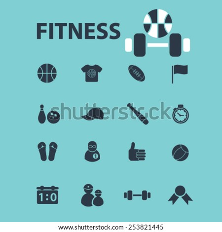 fitness, sport, gym isolated flat icons, signs, symbols illustrations, images, silhouettes on background, vector