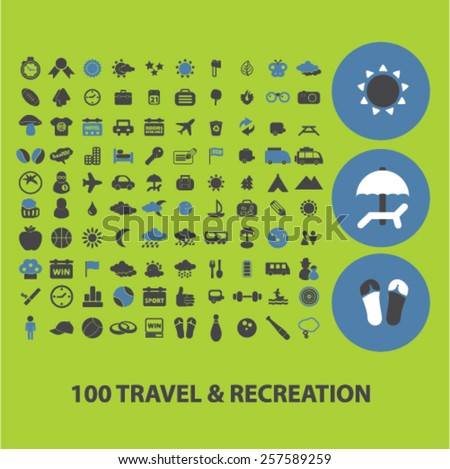 100 travel, recreation, tourism isolated icons, signs, silhouettes, illustrations,  set, vector