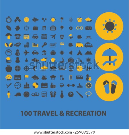 100 travel, recreation, tourism icons, signs, illustrations concept design set, vector