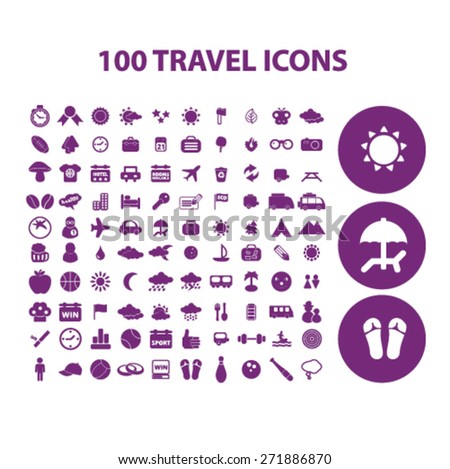 100 travel, vacation, recreation icons, signs, illustrations set, vector