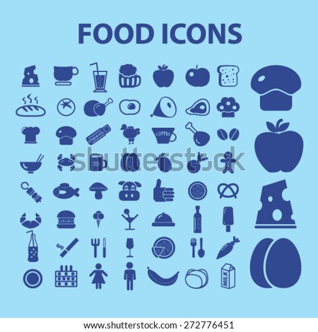 food, grocery, supermarket, vegetables, meat, fruits icons, signs, illustrations set, vector