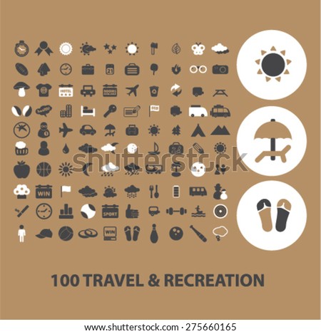100 travel, recreation, vacation icons, signs. illustrations set, vector