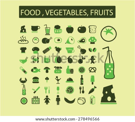 food, fruits, vegetables, drink, grocery icons, signs, illustrations set, vector