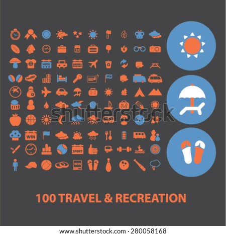 100 travel, recreation icons set, vector