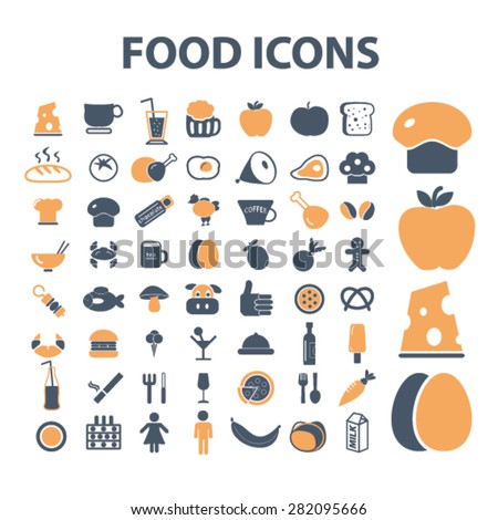 food, grocery icons, signs, illustrations set, vector