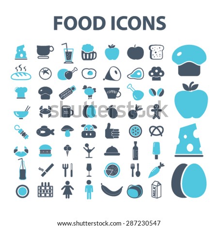 food, grocery, meat, eggs, bread, vegetables, milk, pizza, restaurant icons, signs, illustrations set, vector