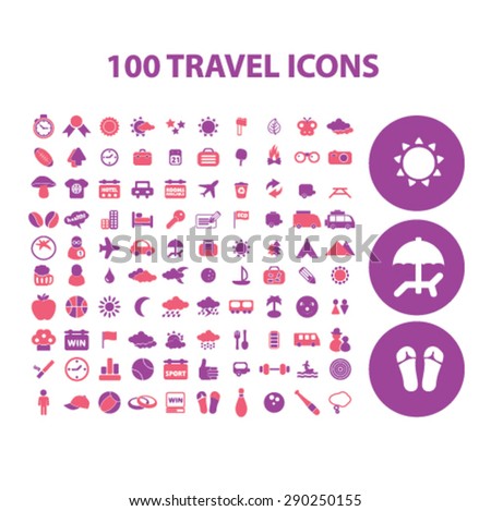 100 travel, recreation isolated icons, signs, illustrations for web, internet, mobile application, vector