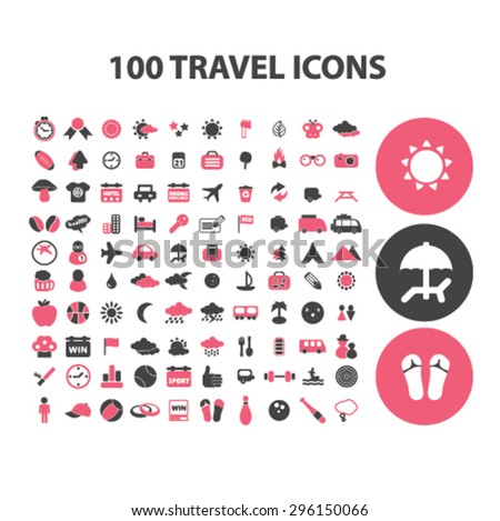 100 travel, recreation, tourism, summer vacation icons, signs, illustrations set, vector