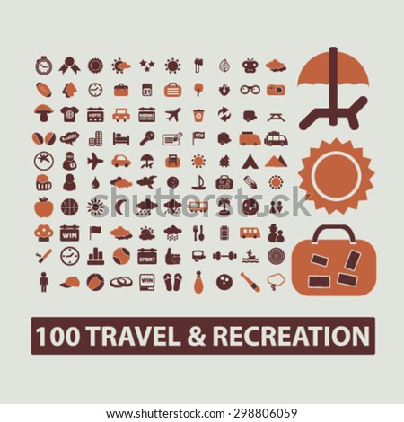 travel, recreation, vacation, summer icons, signs, illustrations set, vector