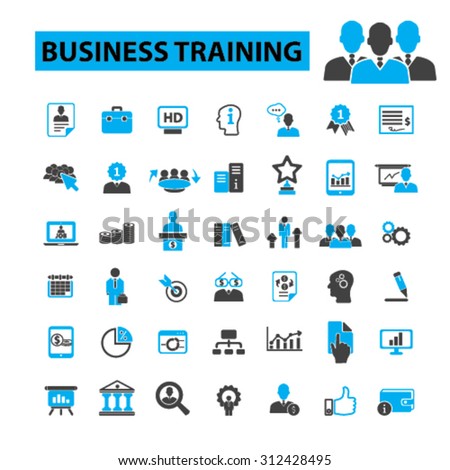 Business training icons concept. Business education, seminar, business school, adult education,  business learning, mba, business people,  university. Vector illustration set