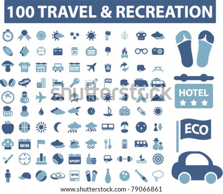 100 travel & recreation icons, signs, vector illustrations