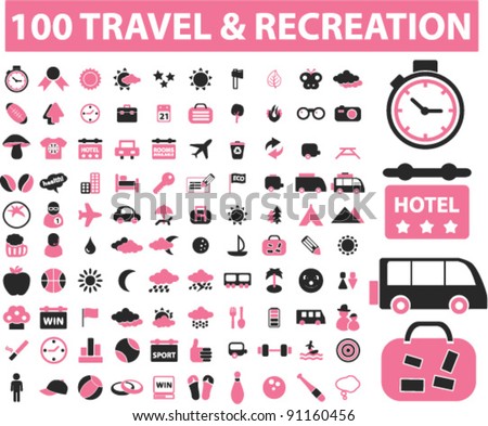 100 travel & recreation icons set, vector illustration