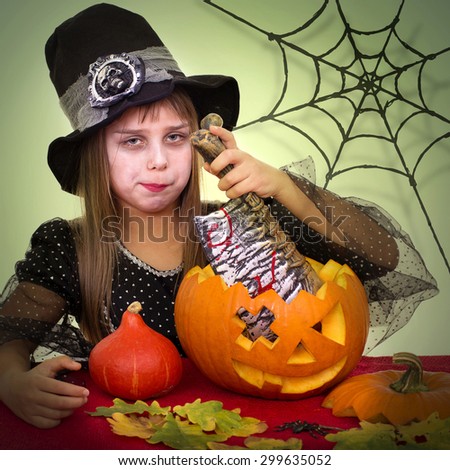 Halloween, little witch, pumpkin carving