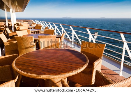 Pleasing and relaxing view from the deck on a cruise ship for summer vacation. This is good to advertise vacation and holidays on cruises.