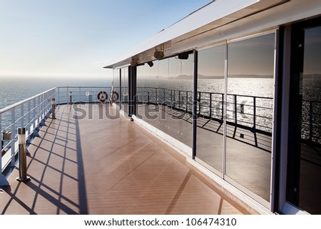 Pleasing and relaxing view from the deck on a cruise ship for summer vacation. This is good to advertise vacation and holidays on cruises.
