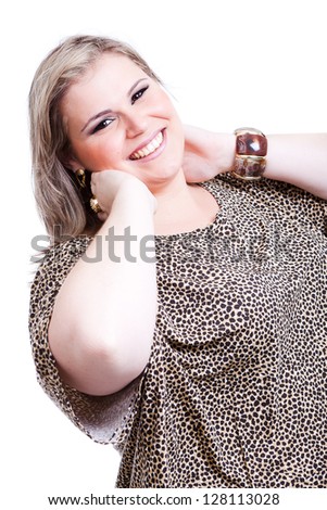Close up of a Blonde Plus size woman, a model. The woman has her hands in the hair. In black and white.
