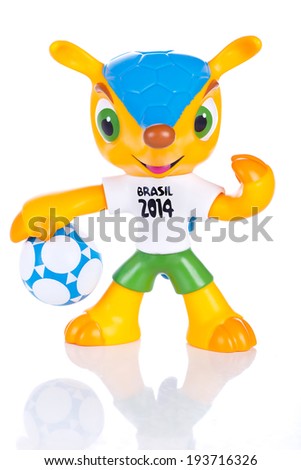 RIO DE JANEIRO MAY 18 2014 Fuleco plastic mascot Fuleco is the official mascot of the FIFA World Cup in Brazil in 2014 RIO DE JANEIRO MAY 18 2014 Fuleco plastic mascot Fuleco is the official mascot of the FIFA World Cup in Brazil in 2014