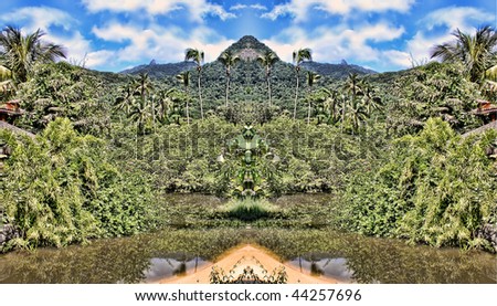 River, vegetation, sky and mountain mirrored causing a symmetric effect. This is Ilha Grande in Rio de Janeiro, Brazil.