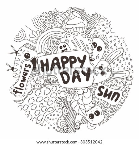 Hand-drawn doodle. Vector illustration. Happy day of little characters. Emotions. Flowers. Hand drawing. Abstract. Set of stylized images.