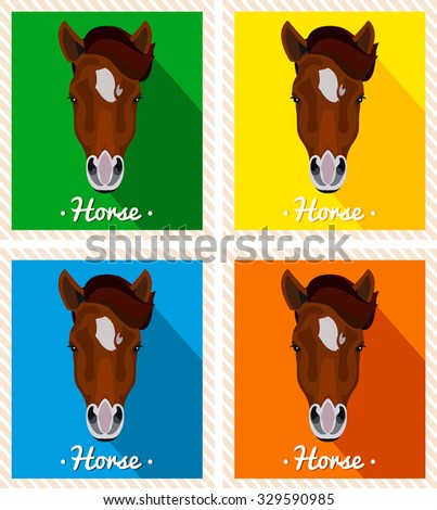 Vector portrait of a horses. Symmetrical portraits of animals. Vector Illustration, greeting card, poster. Icon. Animal face. Font inscription. Image of a horses face. A brown horse with a mane.