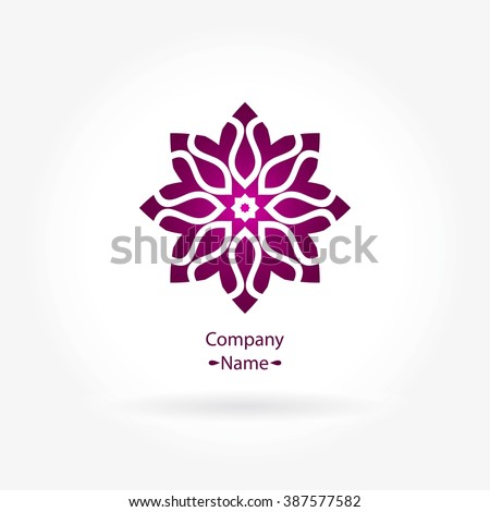 Flower pink logo in the form of decorative roses for boutique, flower shop, business, interior. Company mark, emblem. Simple geometric mandala logotype. Kaleidoscope big bud. Surround abstract blossom