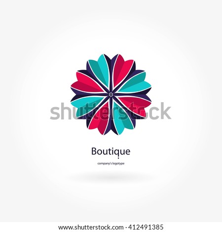 Flower pink, blue logo. The circular logo. Logo with rose. Logo of the flower. Stylized flower logo. Simple logo. The brand name, emblem, logo. Mandala Logo boutique. Vintage. Kaleidoscope.
