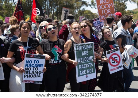 MELTON, VICTORIA/AUSTRALIA - NOVEMBER 2015: Anti Racism protesters violently clashed with reclaim Australia groups rallying against Muslim immigration.