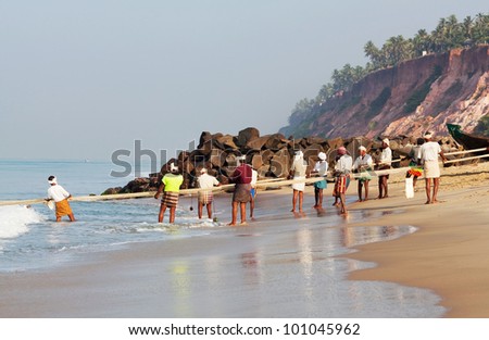 VARKALA, SOUTH INDIA - FEBRUARY 08: Fishermen during local Pongal Festival on February 08, 2010 in Varkala, Kerala State, South India