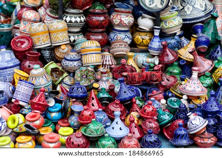 Tajines, plates and pots made of clay on the market in Morocco